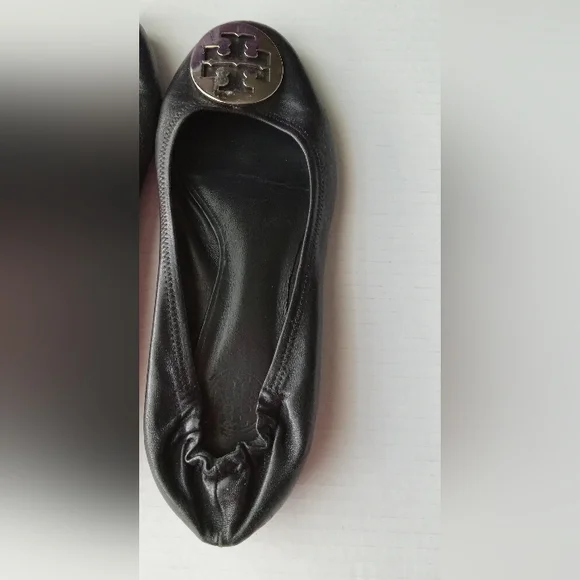 🩷💚⚜️Tory Burch⚜️🩷Black Ballet Flats Double T Signature Leather Shoe Size 8.5 - Picture 5 of 11
